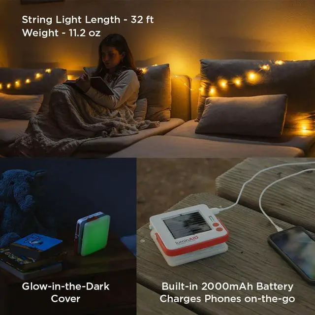 Alt view image 4 of 6 - LuminAID Solar String Light with Phone Charger - Rechargeable Tent Lights for Camping - 32 ft String Lights Perfect for Camping, Backyard, Patio, RVs, Outdoor, Power Outages (1 Pack)