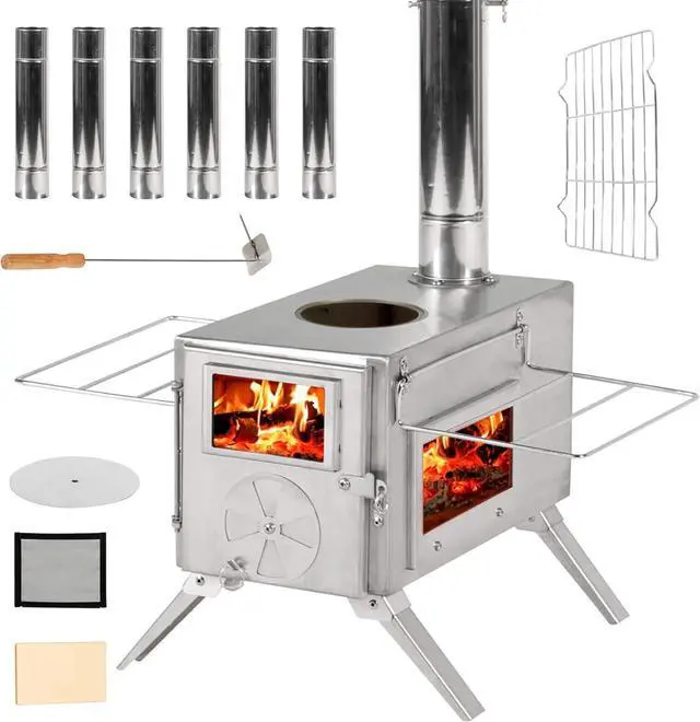 Main image of GRAVFORCE Camping Wood Stove, Outdoor Tent Stove, Portable Wood Burning Stove with Chimney Pipes, Stainless Steel Tent Heater for Camping, Heating and Cooking