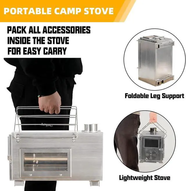 Alt view image 3 of 7 - GRAVFORCE Camping Wood Stove, Outdoor Tent Stove, Portable Wood Burning Stove with Chimney Pipes, Stainless Steel Tent Heater for Camping, Heating and Cooking