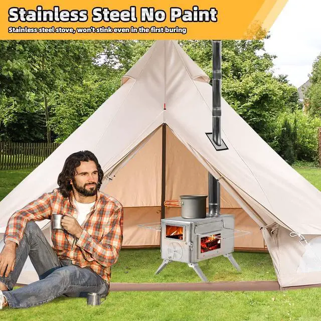 Alt view image 2 of 7 - GRAVFORCE Camping Wood Stove, Outdoor Tent Stove, Portable Wood Burning Stove with Chimney Pipes, Stainless Steel Tent Heater for Camping, Heating and Cooking