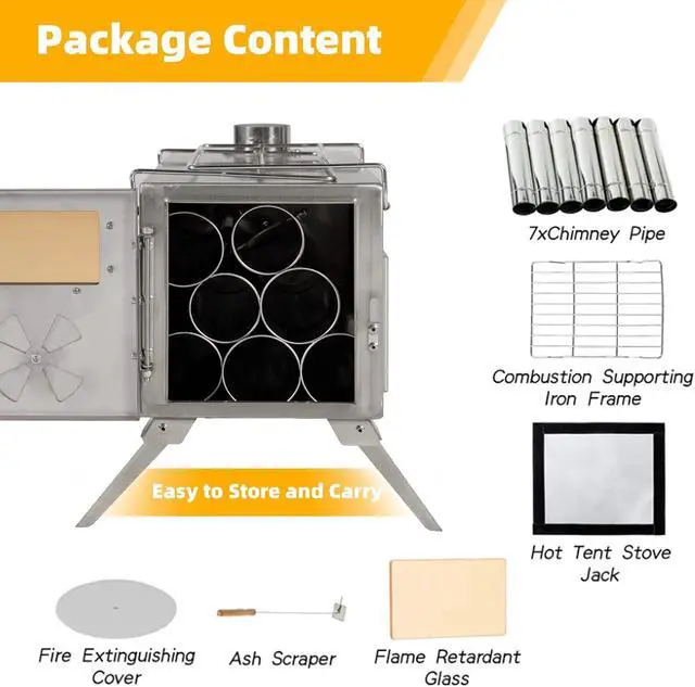 Alt view image 4 of 7 - GRAVFORCE Camping Wood Stove, Outdoor Tent Stove, Portable Wood Burning Stove with Chimney Pipes, Stainless Steel Tent Heater for Camping, Heating and Cooking