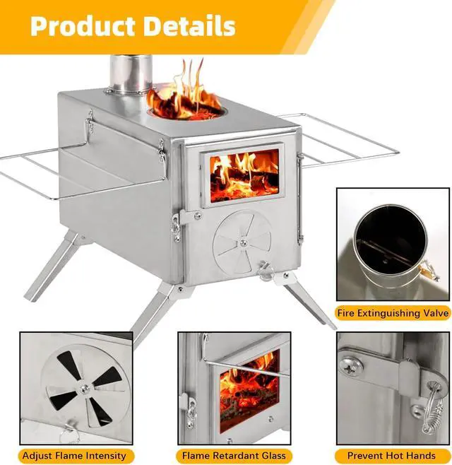 Alt view image 6 of 7 - GRAVFORCE Camping Wood Stove, Outdoor Tent Stove, Portable Wood Burning Stove with Chimney Pipes, Stainless Steel Tent Heater for Camping, Heating and Cooking