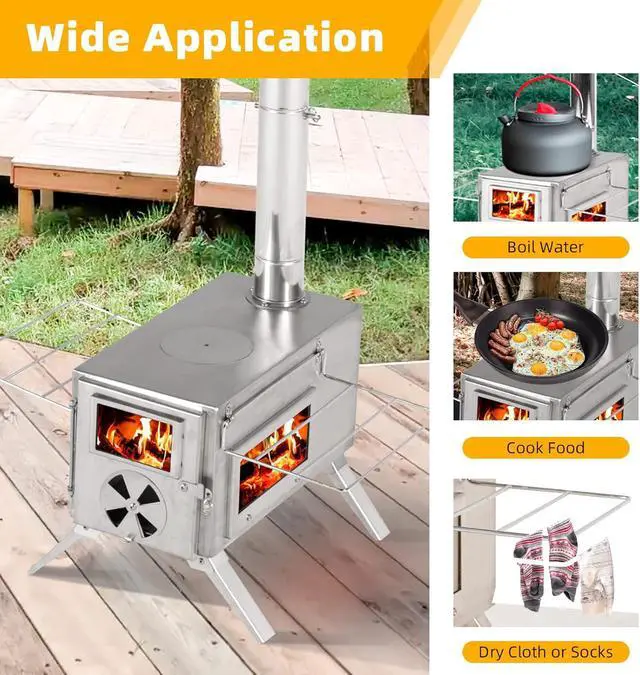 Alt view image 7 of 7 - GRAVFORCE Camping Wood Stove, Outdoor Tent Stove, Portable Wood Burning Stove with Chimney Pipes, Stainless Steel Tent Heater for Camping, Heating and Cooking