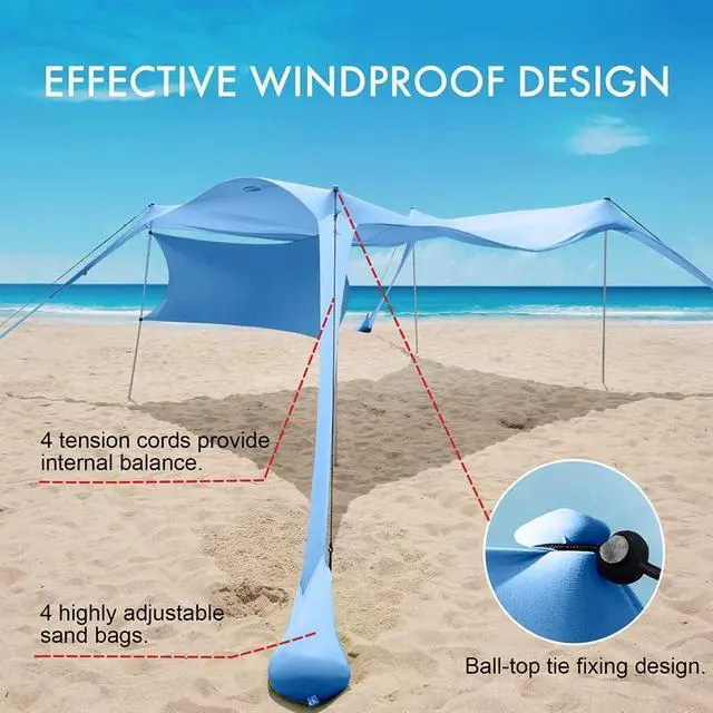 Alt view image 3 of 6 - Beach Canopy Tent Shade with Sidewalls 10x10FT, 6.6FT Tall, UPF50+ Sun Shelter, Windproof & Water Resistant, Includes Guylines Sand Shovel Stability Poles, Easy Up for Beach Outdoor Camping Backyard