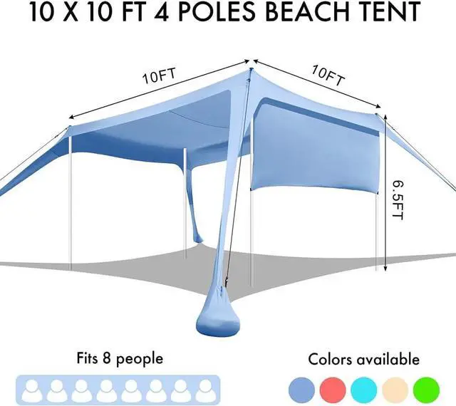 Alt view image 4 of 6 - Beach Canopy Tent Shade with Sidewalls 10x10FT, 6.6FT Tall, UPF50+ Sun Shelter, Windproof & Water Resistant, Includes Guylines Sand Shovel Stability Poles, Easy Up for Beach Outdoor Camping Backyard