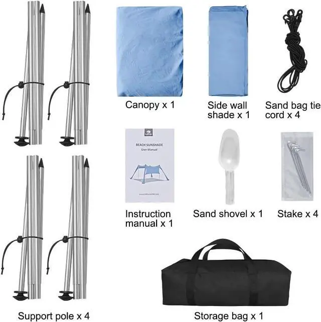 Alt view image 6 of 6 - Beach Canopy Tent Shade with Sidewalls 10x10FT, 6.6FT Tall, UPF50+ Sun Shelter, Windproof & Water Resistant, Includes Guylines Sand Shovel Stability Poles, Easy Up for Beach Outdoor Camping Backyard
