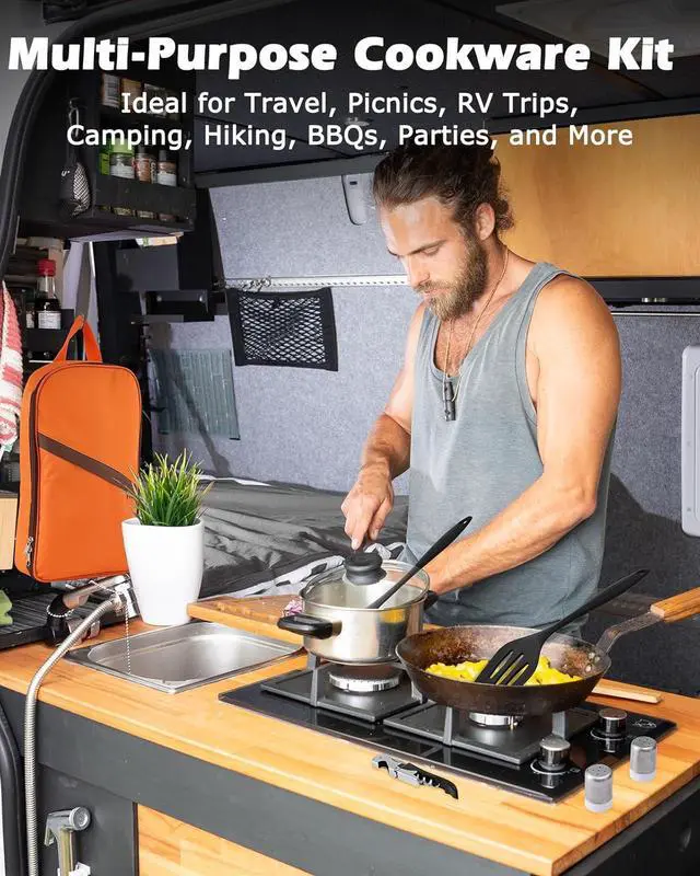 Alt view image 7 of 7 - Camping Cooking Set - Camping Utensil Set Car Camping Cooking Essentials Gear for Camp Kitchen Cooking and Grilling, Stainless Steel & Silicone Ideal Gift for RV Tent Camper, Picnics, BBQs