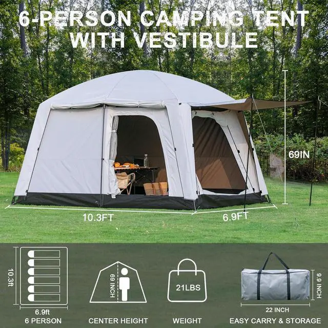 Alt view image 2 of 7 - 4-6 Person Camping Tent, Large Family Cabin Tents with Porch & Rainfly, Double Layer Waterproof Glamping Tent with 2 Rooms 2 Doors, Portable Big Tents for Outdoor Camping Hiking Party
