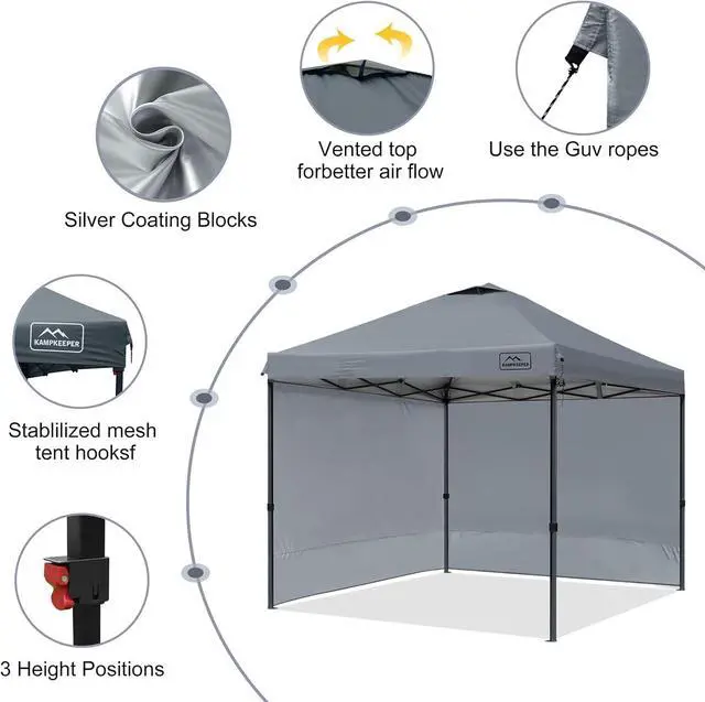 Alt view image 2 of 7 - KAMPKEEPER 10x10 Pop Up Canopy Tent with 2 Sidewalls, Beach Tent - Easy Outdoor Sun Shade for Events, Parties, Camping - Gazebo with 4 Weight Bags & Carry Bag.Grey