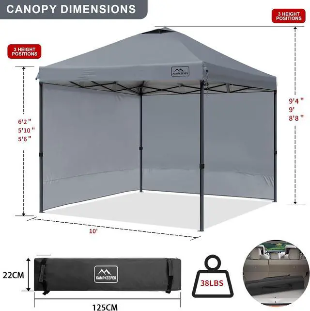 Alt view image 4 of 7 - KAMPKEEPER 10x10 Pop Up Canopy Tent with 2 Sidewalls, Beach Tent - Easy Outdoor Sun Shade for Events, Parties, Camping - Gazebo with 4 Weight Bags & Carry Bag.Grey