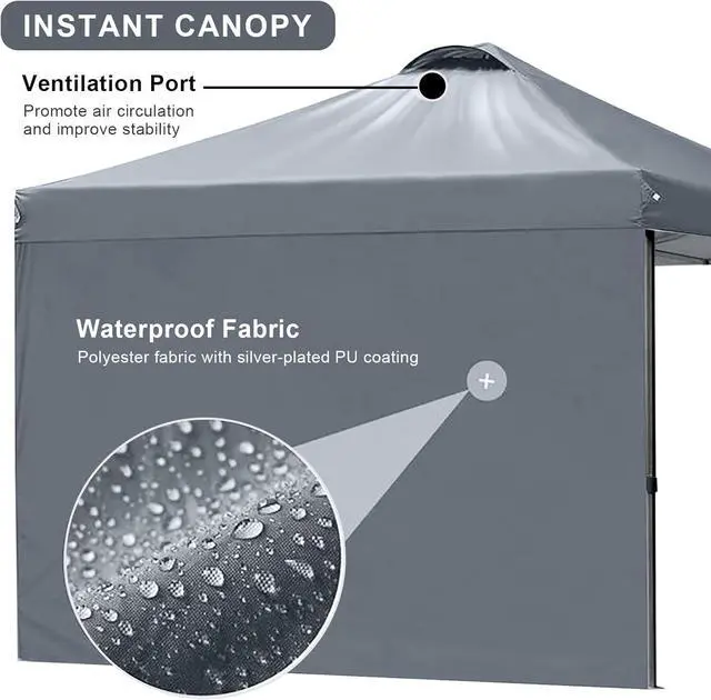 Alt view image 3 of 7 - KAMPKEEPER 10x10 Pop Up Canopy Tent with 2 Sidewalls, Beach Tent - Easy Outdoor Sun Shade for Events, Parties, Camping - Gazebo with 4 Weight Bags & Carry Bag.Grey