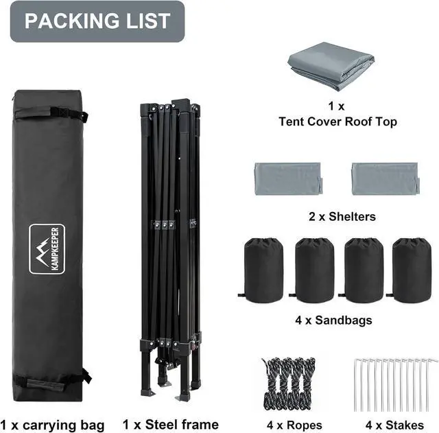 Alt view image 5 of 7 - KAMPKEEPER 10x10 Pop Up Canopy Tent with 2 Sidewalls, Beach Tent - Easy Outdoor Sun Shade for Events, Parties, Camping - Gazebo with 4 Weight Bags & Carry Bag.Grey