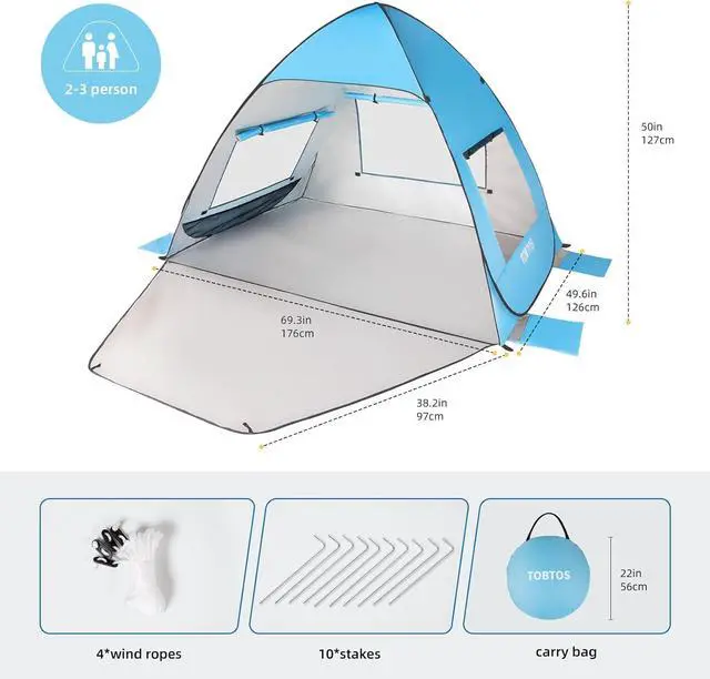 Alt view image 2 of 7 - TOBTOS UPF 50+ Pop Up Beach Tent, Easy Set Up Beach Umbrella, Sun Shelter for 2-3 People UV Protection Portable Sunshade, Baby Canopy Cabana, Lightweight with Carry Bag