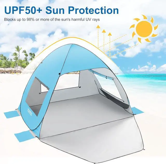 Alt view image 3 of 7 - TOBTOS UPF 50+ Pop Up Beach Tent, Easy Set Up Beach Umbrella, Sun Shelter for 2-3 People UV Protection Portable Sunshade, Baby Canopy Cabana, Lightweight with Carry Bag