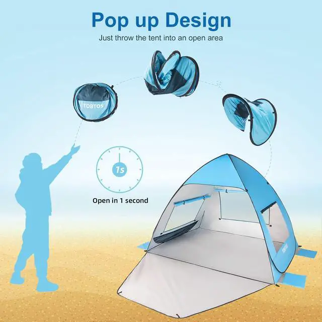 Alt view image 5 of 7 - TOBTOS UPF 50+ Pop Up Beach Tent, Easy Set Up Beach Umbrella, Sun Shelter for 2-3 People UV Protection Portable Sunshade, Baby Canopy Cabana, Lightweight with Carry Bag