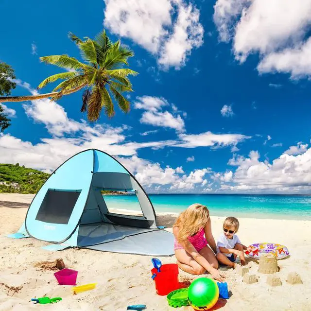 Alt view image 6 of 7 - TOBTOS UPF 50+ Pop Up Beach Tent, Easy Set Up Beach Umbrella, Sun Shelter for 2-3 People UV Protection Portable Sunshade, Baby Canopy Cabana, Lightweight with Carry Bag
