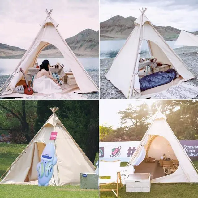 Alt view image 5 of 7 - Latourreg 2 Person Outdoor Camping of 2M Canvas Camping Pyramid Tent Large Adult Teepee Pagoda Tent