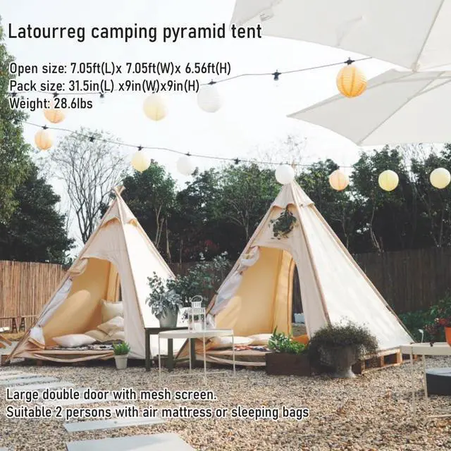 Alt view image 6 of 7 - Latourreg 2 Person Outdoor Camping of 2M Canvas Camping Pyramid Tent Large Adult Teepee Pagoda Tent