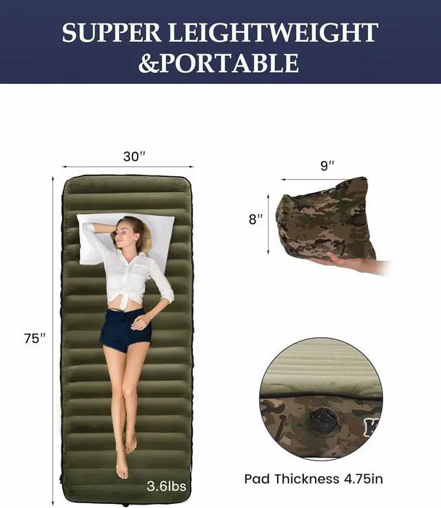 Alt view image 4 of 7 - Inflatable Sleeping Pad for Camping, Extra-Thick 4.75" Single Air Mattress with Soft Velvet Top, Machine Washable, Family Lightweight 4-Season Pad for Traveling & Hiking, Green