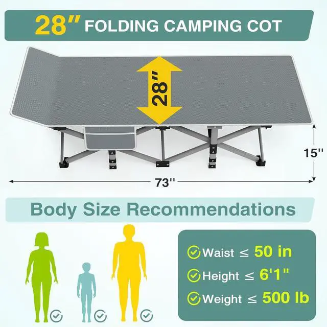 Alt view image 2 of 7 - ZENPETIO 28In Folding Camping Cot for Adult, Portable Sleeping Cot with Mattress, Outdoor Heavy Duty Cot Bed for Camp with Carry Bag for Home, Office, Camp, Travel, Vacation(Max Loading 500lbs)