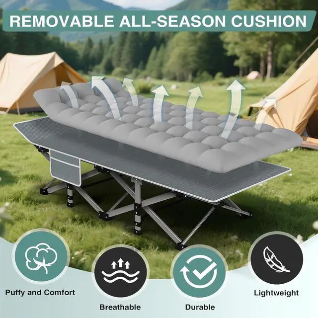 Alt view image 3 of 7 - ZENPETIO 28In Folding Camping Cot for Adult, Portable Sleeping Cot with Mattress, Outdoor Heavy Duty Cot Bed for Camp with Carry Bag for Home, Office, Camp, Travel, Vacation(Max Loading 500lbs)