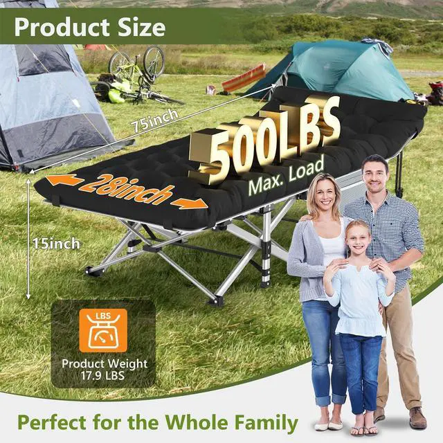 Alt view image 2 of 5 - Slendor Folding Camping Cot Black, Sleeping Cot for Adults with Carry Bag, Mattress, 1200D Layer Oxford Portable Camp Bed Cot Bed for Guest Travel Office Beach