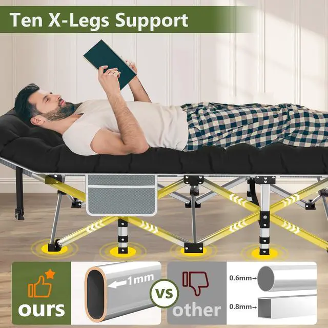 Alt view image 3 of 5 - Slendor Folding Camping Cot Black, Sleeping Cot for Adults with Carry Bag, Mattress, 1200D Layer Oxford Portable Camp Bed Cot Bed for Guest Travel Office Beach