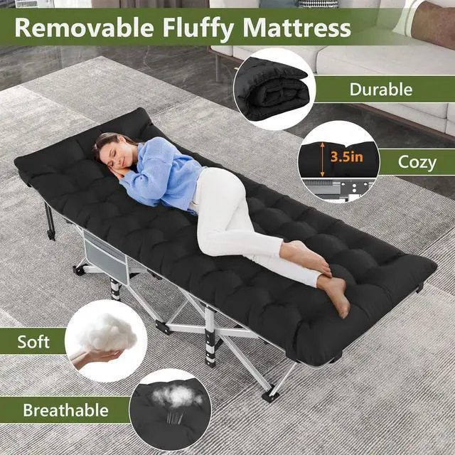 Alt view image 4 of 5 - Slendor Folding Camping Cot Black, Sleeping Cot for Adults with Carry Bag, Mattress, 1200D Layer Oxford Portable Camp Bed Cot Bed for Guest Travel Office Beach