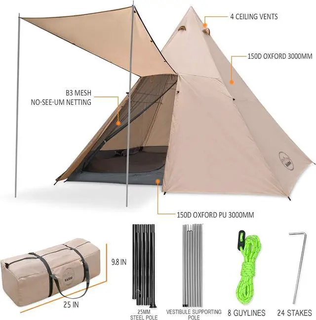 Alt view image 6 of 6 - KAZOO Family Camping Tent Large Waterproof Tipi Tents 8 Person Room Teepee Tent Instant Setup Double Layer