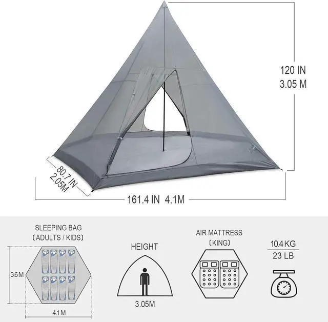 Alt view image 5 of 6 - KAZOO Family Camping Tent Large Waterproof Tipi Tents 8 Person Room Teepee Tent Instant Setup Double Layer