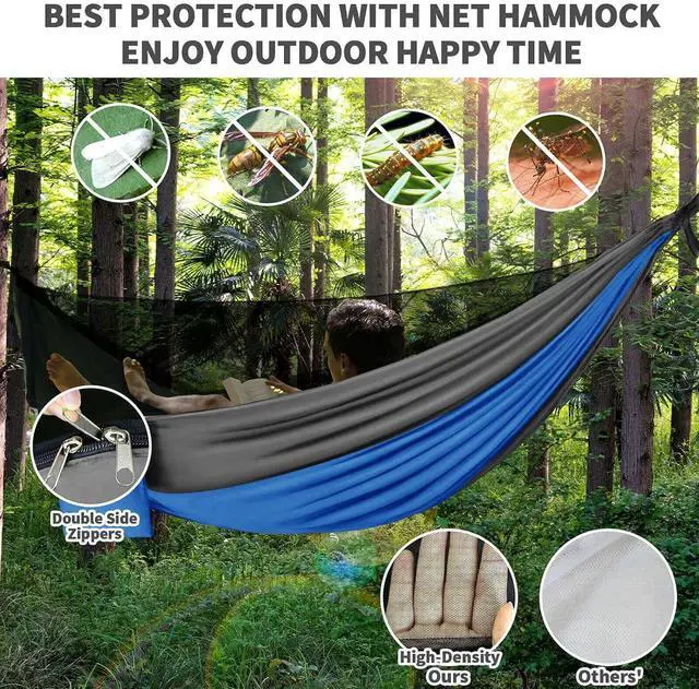 Alt view image 2 of 7 - Camping Hammock with Mosquito Bug Net Tent and Rain Fly Tarp, Portable Single Double Nylon ParachuHammock with Heavy Duty Tree Strap for Backpacking Travel Survival Hiking Outdoor Activities (Blue)