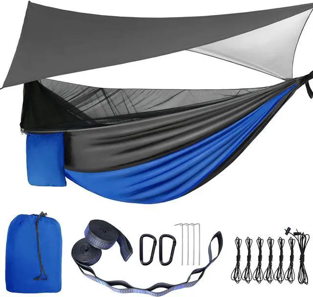 Main image of Camping Hammock with Mosquito Bug Net Tent and Rain Fly Tarp, Portable Single Double Nylon ParachuHammock with Heavy Duty Tree Strap for Backpacking Travel Survival Hiking Outdoor Activities (Blue)