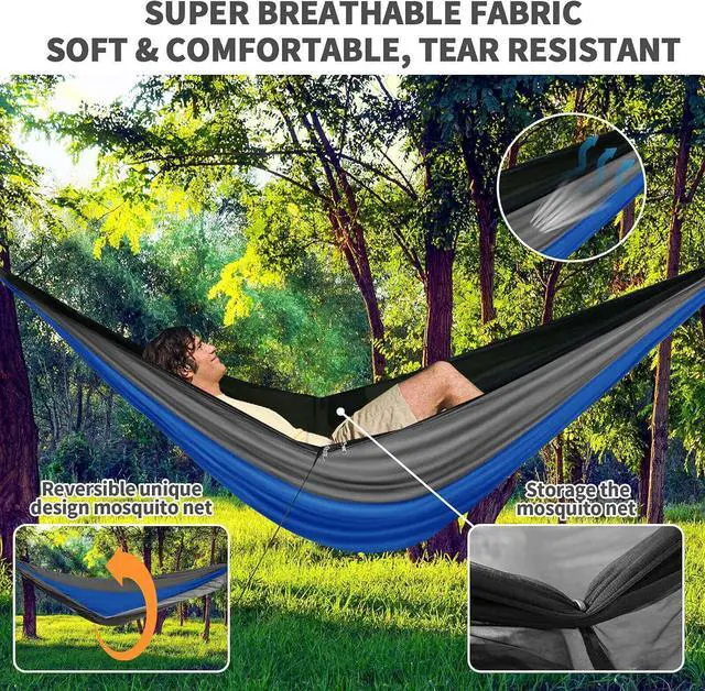 Alt view image 3 of 7 - Camping Hammock with Mosquito Bug Net Tent and Rain Fly Tarp, Portable Single Double Nylon ParachuHammock with Heavy Duty Tree Strap for Backpacking Travel Survival Hiking Outdoor Activities (Blue)