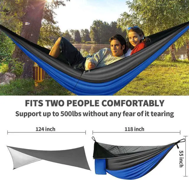 Alt view image 6 of 7 - Camping Hammock with Mosquito Bug Net Tent and Rain Fly Tarp, Portable Single Double Nylon ParachuHammock with Heavy Duty Tree Strap for Backpacking Travel Survival Hiking Outdoor Activities (Blue)