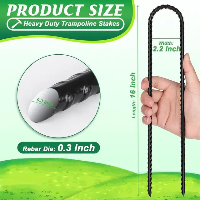 Alt view image 2 of 6 - Gtongoko Trampolines Wind Stakes 16 Pack 16 Inch, 0.3 Inch Thick Heavy Duty U Shaped Rebar Tent Stakes Ground Anchors Galvanized Steel Safety Trampoline Anchors for Camping Tents, Soccer Goals