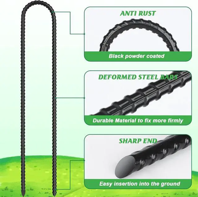 Alt view image 3 of 6 - Gtongoko Trampolines Wind Stakes 16 Pack 16 Inch, 0.3 Inch Thick Heavy Duty U Shaped Rebar Tent Stakes Ground Anchors Galvanized Steel Safety Trampoline Anchors for Camping Tents, Soccer Goals