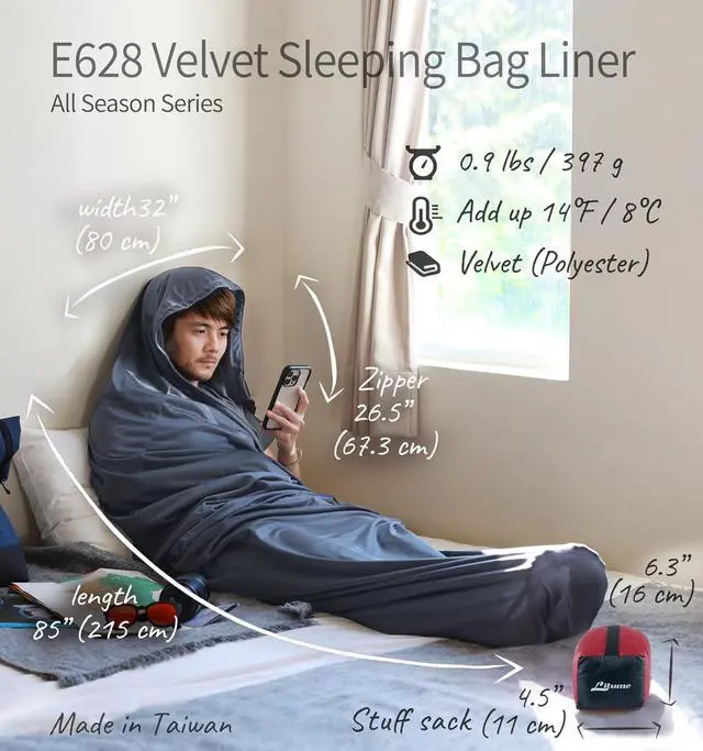Alt view image 2 of 7 - Velvet Velour Sleeping Bag Liner Add Up to 14°F/ 8°C, Anti Static Mummy Sleeping Sack Backpacking, Camping, Traveling, Hotel, Hostal, Lightweight Sleep Sack with Drawstring Hood E625