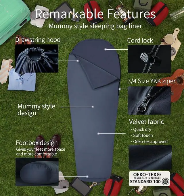 Alt view image 3 of 7 - Velvet Velour Sleeping Bag Liner Add Up to 14°F/ 8°C, Anti Static Mummy Sleeping Sack Backpacking, Camping, Traveling, Hotel, Hostal, Lightweight Sleep Sack with Drawstring Hood E625