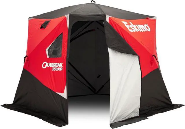 Main image of Eskimo Outbreak Portable Pop-Up Ice Fishing Shelter, Stormshield Insulated Fabric, No Trip Door, Durable Hub Design, Deluxe Tie Downs, Red/Black