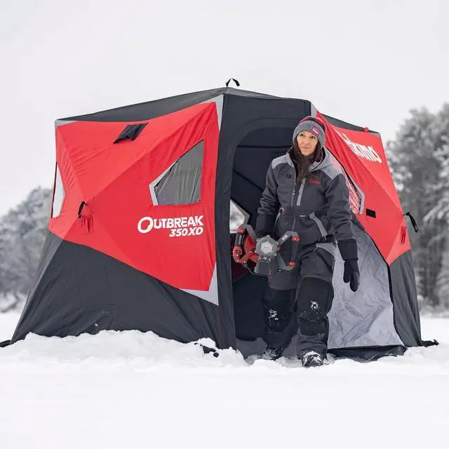 Alt view image 2 of 7 - Eskimo Outbreak Portable Pop-Up Ice Fishing Shelter, Stormshield Insulated Fabric, No Trip Door, Durable Hub Design, Deluxe Tie Downs, Red/Black