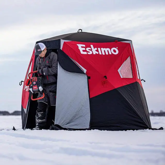 Alt view image 3 of 7 - Eskimo Outbreak Portable Pop-Up Ice Fishing Shelter, Stormshield Insulated Fabric, No Trip Door, Durable Hub Design, Deluxe Tie Downs, Red/Black