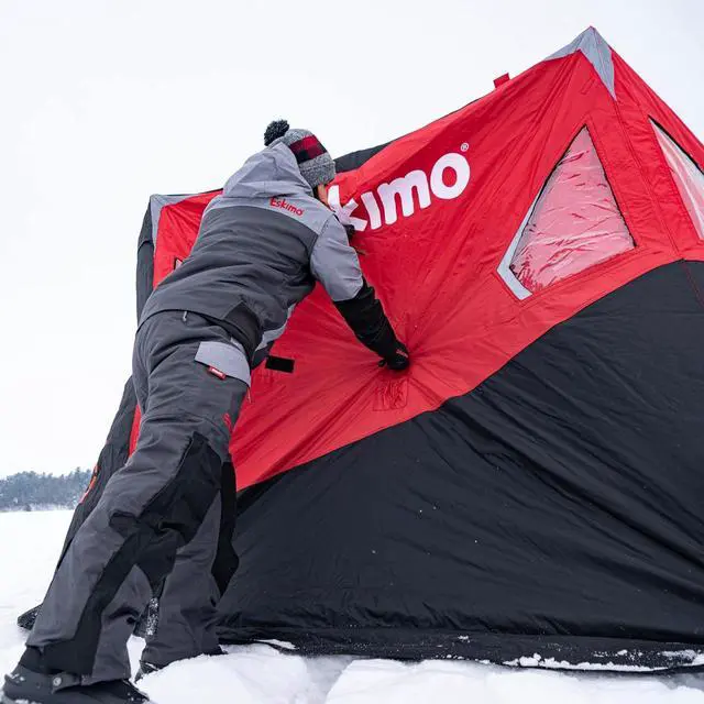 Alt view image 4 of 7 - Eskimo Outbreak Portable Pop-Up Ice Fishing Shelter, Stormshield Insulated Fabric, No Trip Door, Durable Hub Design, Deluxe Tie Downs, Red/Black