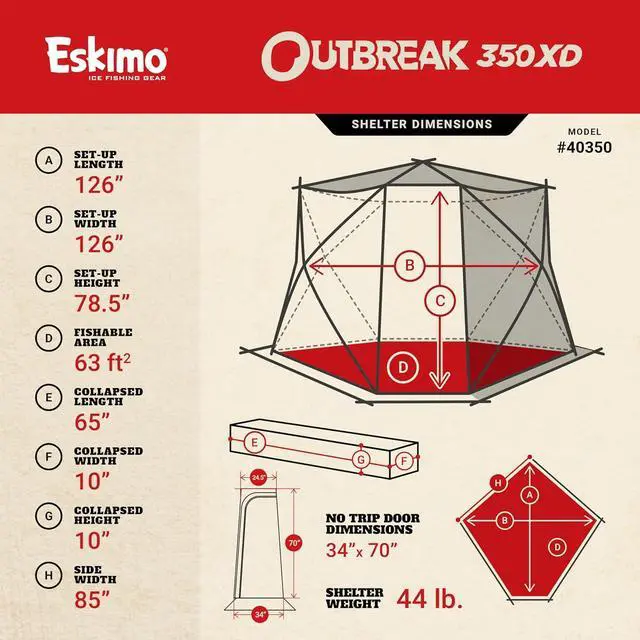 Alt view image 5 of 7 - Eskimo Outbreak Portable Pop-Up Ice Fishing Shelter, Stormshield Insulated Fabric, No Trip Door, Durable Hub Design, Deluxe Tie Downs, Red/Black