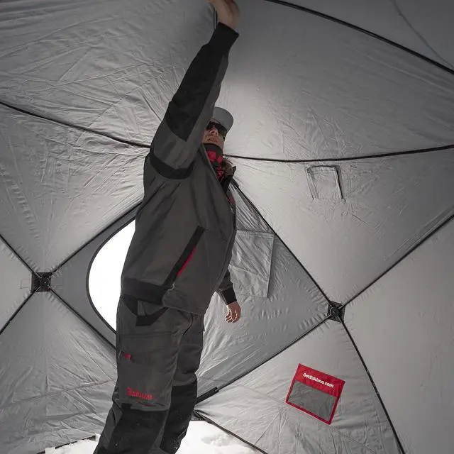 Alt view image 6 of 7 - Eskimo Outbreak Portable Pop-Up Ice Fishing Shelter, Stormshield Insulated Fabric, No Trip Door, Durable Hub Design, Deluxe Tie Downs, Red/Black