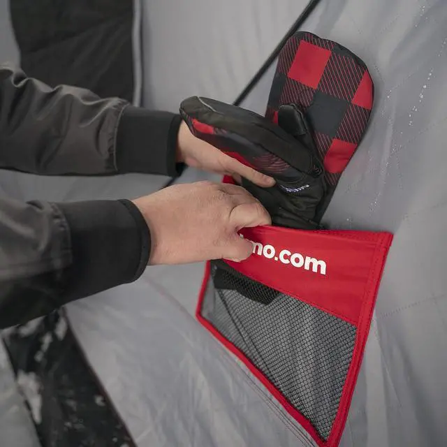 Alt view image 7 of 7 - Eskimo Outbreak Portable Pop-Up Ice Fishing Shelter, Stormshield Insulated Fabric, No Trip Door, Durable Hub Design, Deluxe Tie Downs, Red/Black