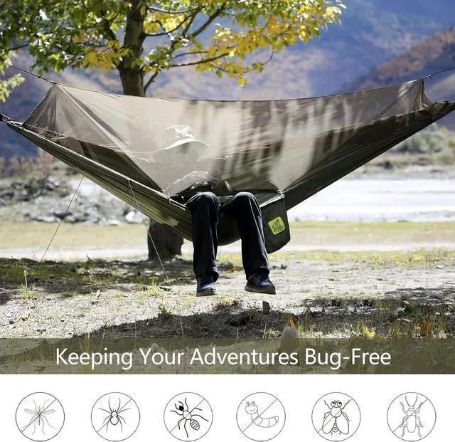 Alt view image 2 of 7 - Miztli Camping Hammock with Net and Rain Fly, Portable Lightweight Outdoor Hammock Tree Travel Backpacking Hammock Tent with 20Ft(Total) Tree Straps, Perfect for Camping Hiking Yard Adventure Survival