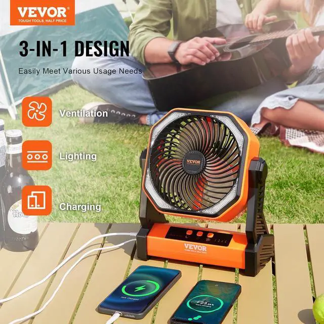 Alt view image 2 of 7 - VEVOR 8'' Camping Fan with LED Light, 20000mAh Rechargeable Battery Operated, 4-Speed, 72H Runtime, Quiet Portable Tent Fan for Bedroom, Travel, Office