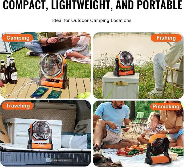 Alt view image 6 of 7 - VEVOR 8'' Camping Fan with LED Light, 20000mAh Rechargeable Battery Operated, 4-Speed, 72H Runtime, Quiet Portable Tent Fan for Bedroom, Travel, Office