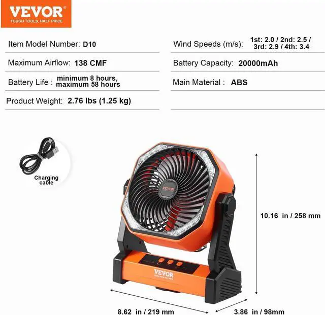 Alt view image 7 of 7 - VEVOR 8'' Camping Fan with LED Light, 20000mAh Rechargeable Battery Operated, 4-Speed, 72H Runtime, Quiet Portable Tent Fan for Bedroom, Travel, Office