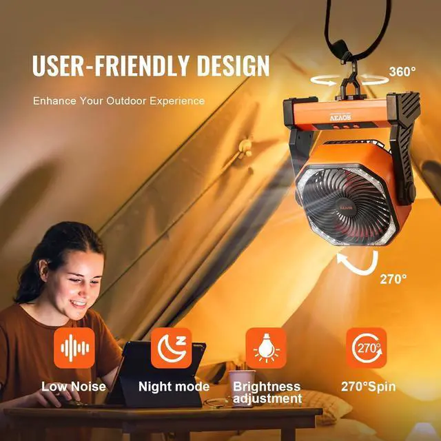 Alt view image 5 of 7 - VEVOR 8'' Camping Fan with LED Light, 20000mAh Rechargeable Battery Operated, 4-Speed, 72H Runtime, Quiet Portable Tent Fan for Bedroom, Travel, Office